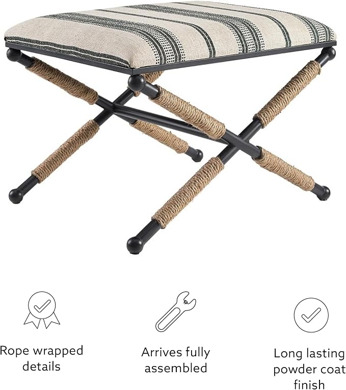 Linon Farrow Black Metal and Natural and Black Stripe Upholstered Campaign Ottoman