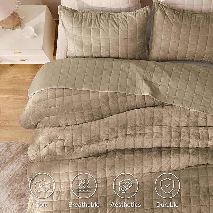 BEDELITE Velvet Quilt Set Queen Size - Luxury Soft Velvet Comforter Bedding Set for All Season, Lightweight Quilted Box Stitch Oversized Bedspread Coverlet with 2 Matching Shams, Tan