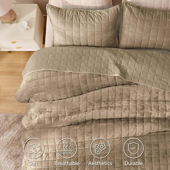 BEDELITE Velvet Quilt Set King Size - Luxury Soft Velvet Comforter Bedding Set for All Season, Lightweight Quilted Box Stitch Oversized Bedspread Coverlet with 2 Matching Shams, Tan