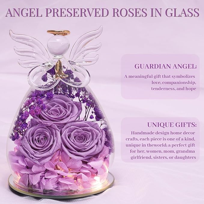 Beferr Mothers Day Mom Birthday Gifts for Women, Fresh Flowers for Delivery Forever Preserved Rose in Glass Angel Figurine, Anniversary Christian Real Rose for Grandma Nana Wife Mum from Daughter Son