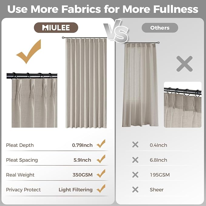 MIULEE Pinch Pleated Thick Linen Curtains 102 Inches Long 2 Panels for Living Room Bedroom, Linen Textured Drapes Pleat Back Tab Memory Trained Light Filtering Boho Taupe Window Curtains with Hooks