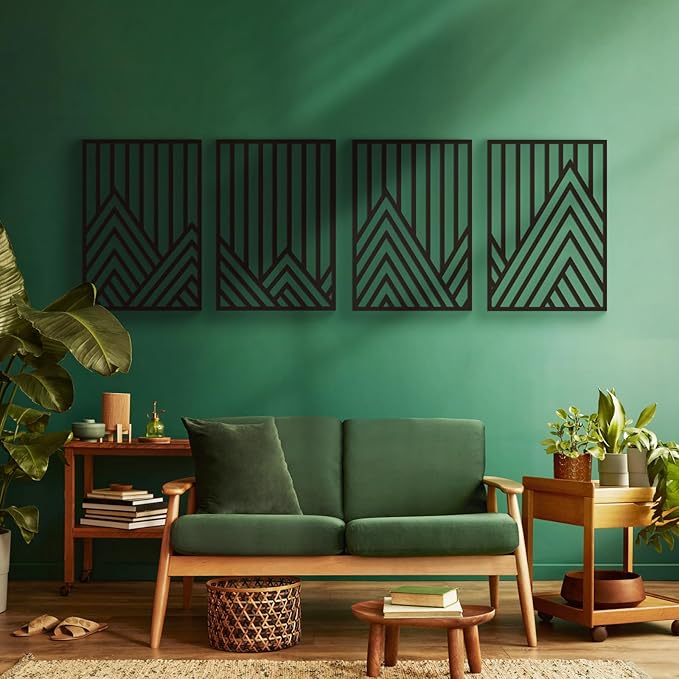 Glamativity 4 Pack Black Abstract Metal Wall Art, Minimalist Décor Single Line Art Wall Décor, 3D Textured Metal Wall Sculptures, for Living Room Bedroom Bathroom Study Room (Mountain Line, L Size 22.5 x 15.7'')