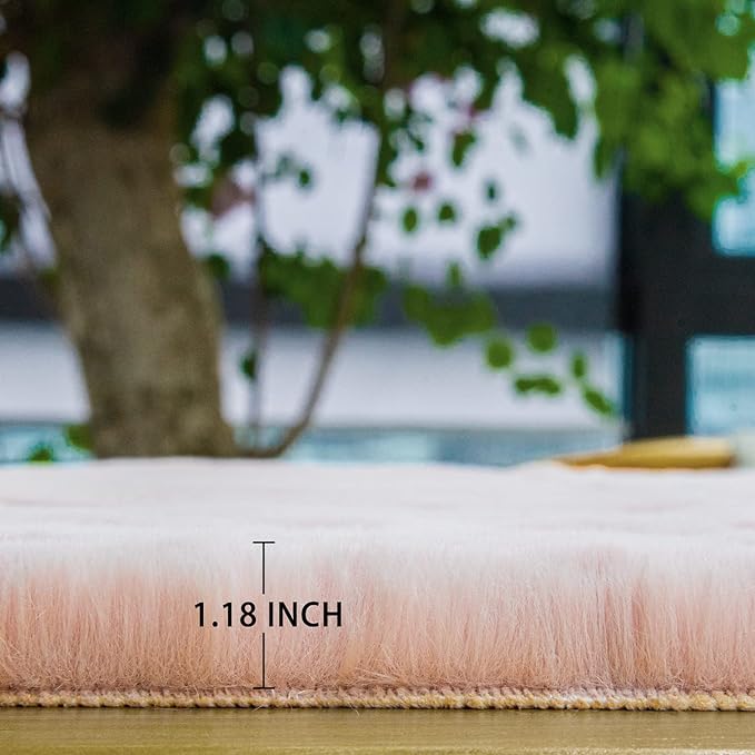 ORINOVA Pink Fluffy Shag Carpet Faux Bunny Washable Plush Fur Area Rugs for Bedroom 4x6 Nursery Rug for Living Room
