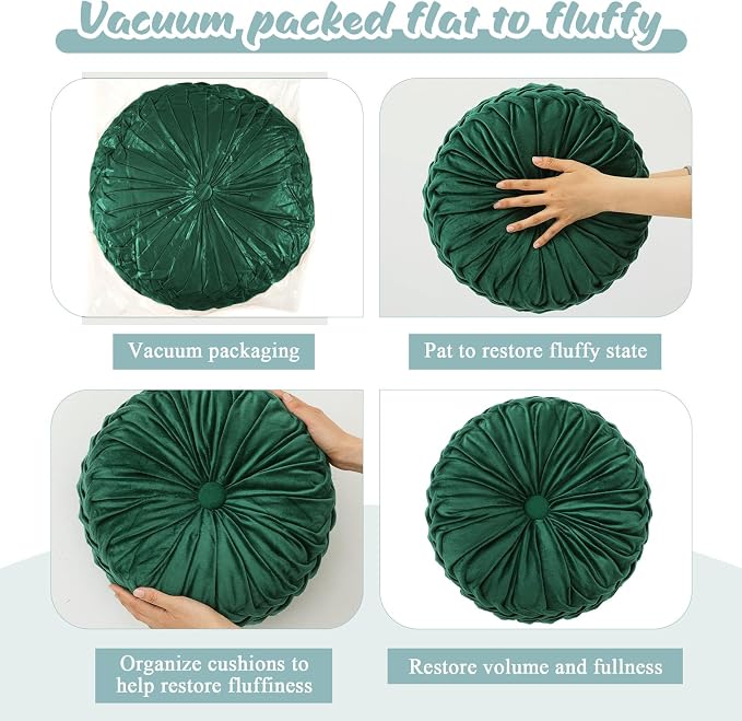 Drydiet 4 Pcs Round Throw Velvet Pillows Decorative Pleated Throw Pillows Diameter Accent Pumpkin Boho Chair Cushion for Couch Sofa Home Decoration (Sage Green,15'')