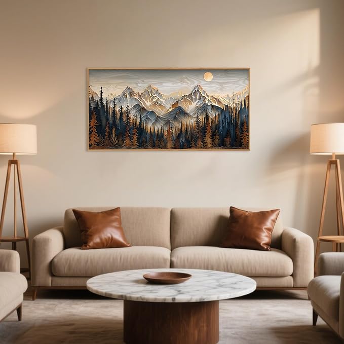 Mountain Wood Framed Canvas Wall Art Set,Rustic Pine Trees Wall Painting,Boho Ridge Scenery Wall Decor,Natural Sun Landscape Art Print for Living Room,Bedroom,Dining Room,Office-20 x40 x1