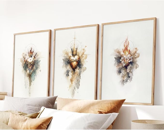 Jesus Canvas Wall Art Sacred heart of Jesus Pictures Christian Wall Decor Catholic Poster Religious Wall Art Heart of Mary and Joseph Painting Divine Mercy Prints for Bedroom 16x24x3 Inch Unframed