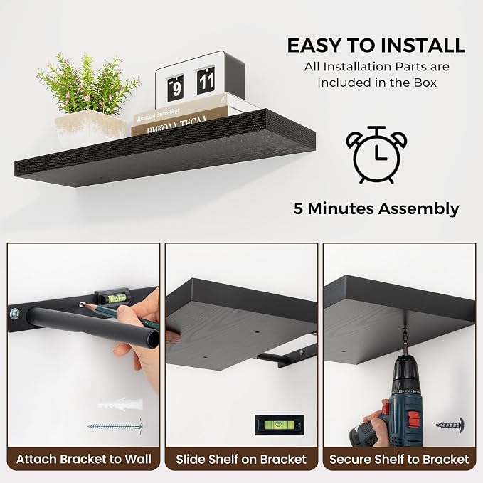 Dreamland 16" Black Floating Shelves 6.7" Deep Wall Mounted Set of 2 | Wall shelves for bathroom, bedroom, Living Room, kitchen, deep wall mount wood storage display for home decor 16" x 6.7"