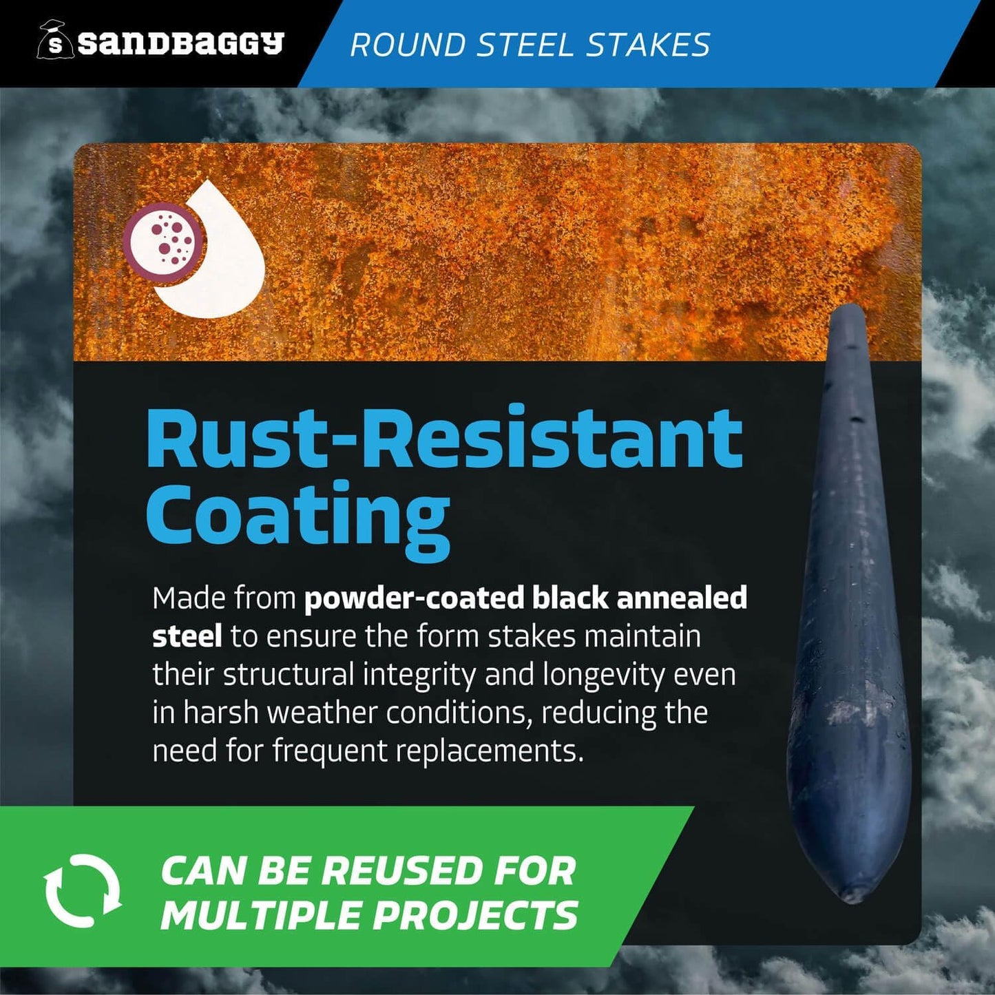 Sandbaggy Round Steel Concrete Form Stakes with Nail Holes - Rust Resistant Coating - Removable, Reusable (80, 3/4 in X 12 in)