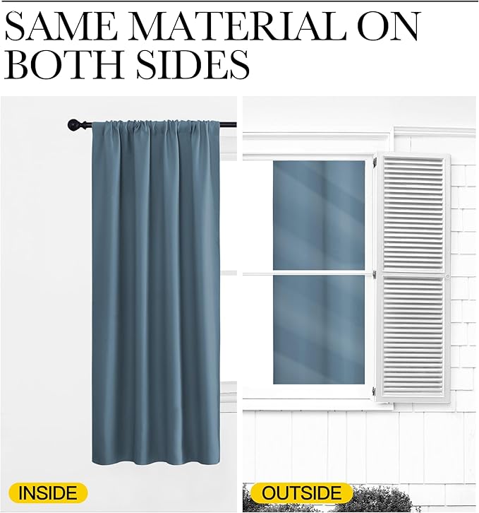 NICETOWN Kitchen Curtains, Short Blackout Drapes, Smoky Blue, 34 in x 45 in (W x L), Set of 2, Thermal Insulated Rod Pocket Window Treatment Draperies for Nursery