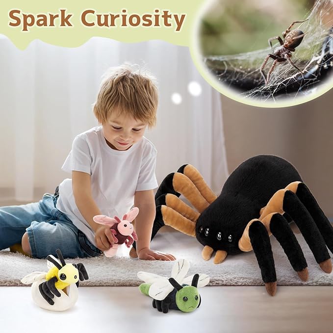 MorisMos 5Pcs Spider Stuffed Animal, 16inch Large Spider Plush with Butterfly, Dragonfly, Bee, Eggshell, Soft Plush Toys for Kids, Boys, Girls