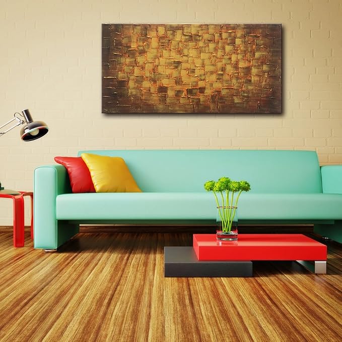 MyArton Textured Abstract Squares Canvas Wall Art Hand Painted Modern Golden Yellow Oil Painting Picture for Home Decoration Ready to Hang 40x20inch