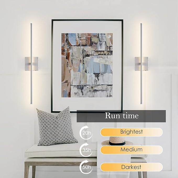 KARTOOSH 28.3 Inch Wall Sconces Battery Operated for Living Room Nickel | Rechargeable Wireless Wall Lamp Set of 2, 3000K Warm White Dimmable Wall Light Remote Control Indoor Lighting for Bedroom