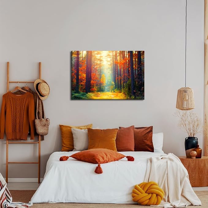 Large Autumn Wall Art Fall Forest Landscape Wall Decor for Living Room Bedroom Kitchen Orange Maple Leaves Pictures Sunrise Scenery Canvas Prints Nature Tree Paintings Artwork Home Decorations 24x36”