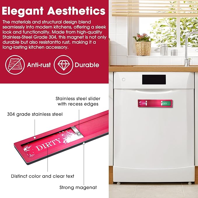 Christmas Red Dishwasher Magnet Clean Dirty Sign - Festive Clean/Dirty Indicator with 304 Stainless Steel Magnet & Strong Adhesive Tape - Holiday Home Gift for Kitchen Organization(Red-05)