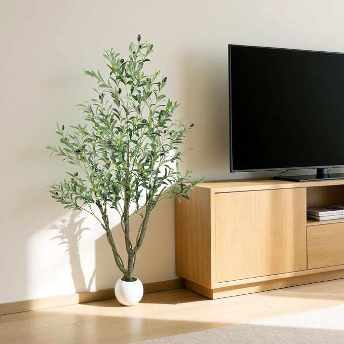 Caxchiling Artificial Olive Tree 5FT, Indoor Outdoor Faux Tree | Natural Trunk with Olive Fruits and Buds in White Planter for Home Office Living Room