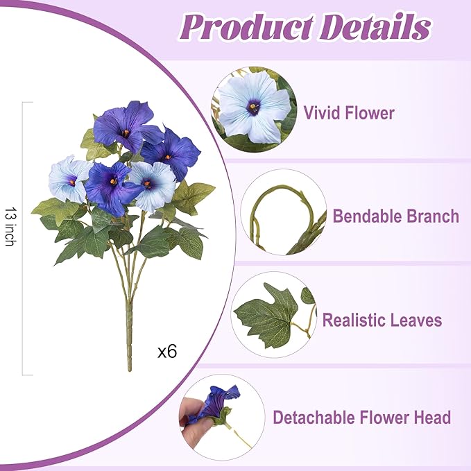 Ammyoo 6 Pcs Artificial Flowers Fake Petunias for Outdoors, Faux Flowers for Outdoor Planter, UV Resistant Realistic Fake Plants for Outside No Fade for Garden Porch Patio Indoor Room Decor(Blue)