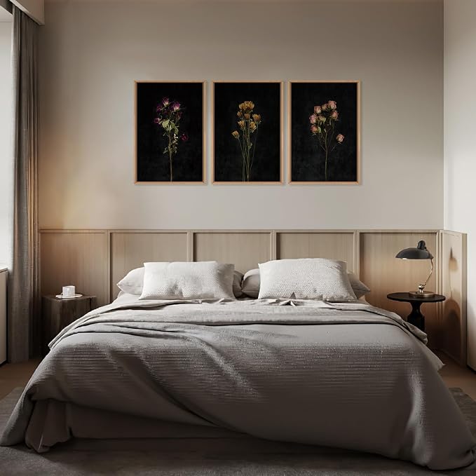 KAIRNE Dark Moody flower Framed Canvas Wall Art Set, Minimalist Black Wildflower Wall Decor, Vintage Botanical Floral Wall Painting, Nature Plant Art Prints for Living Room,Bedroom,Office-24 x36 x3