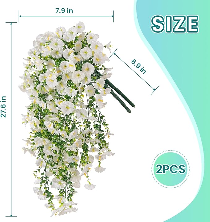 Fake Artificial Hanging Morning Glory Flowers for Outdoor Planters Porch Pation Decoration,2 Bundles UV Resistant Silk Faux Flowers with Realistic Eucalyptus Plants for Home Office Garden Decor(White)