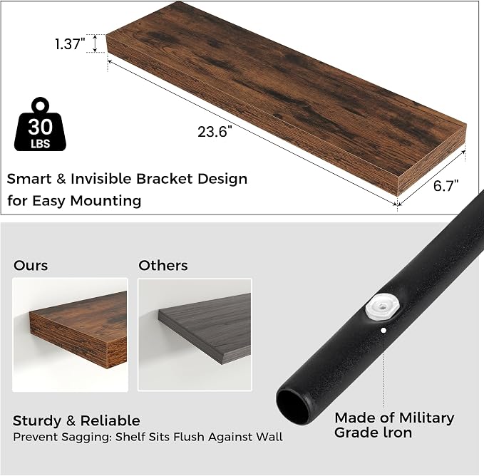 24" Wide x 6.5" Deep Floating Shelves for Wall, Rustic Brown, 2-Pack | Engineered Wood Wall Shelves with Invisible Brackets for Living Room, Bedroom, Bathroom, Office & Kitchen Storage
