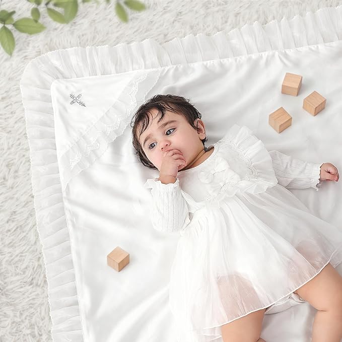 Tencel Baby Baptism Blanket with Hood-Silky Soft Christening Blanket for Boys & Girls, Breathable Tencel Fabric, 39.4×39.4 in, Elegant Gift Box, Perfect for Photography &Gift