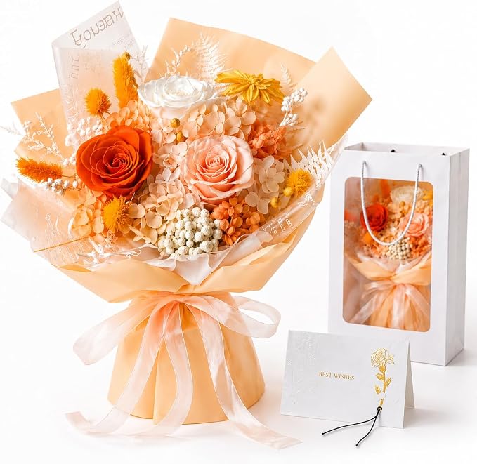 Preserved Champagne Rose Bouquet, 100% Real Flowers for Women Mother Wife, Long-Lasting Eternal Cream Roses with Gift Box, Forever Flowers for Anniversary Birthday Mother's Day, Lasts 3-5 Years