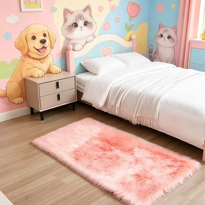 Faux Fur Rug Fluffy Sheepskin Area Rug,Ultra Soft Shaggy Plush Rug Bedroom Living Room Sofa Floor Kids Room Bedside（2 x 4 ft Rectangle Pink）