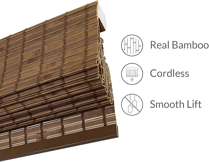 CHICOLOGY Bamboo Roman Shade, Cordless Light Filtering Woven Wood Window Treatment for Living Room, Dining Room, Kitchen & Office, Natural Bamboo Blinds for Boho Coastal Decor, Pinecone, 34"W x 64"H