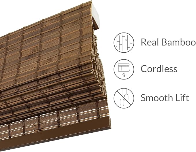 CHICOLOGY Bamboo Roman Shade, Cordless Light Filtering Woven Wood Window Treatment for Living Room, Dining Room, Kitchen & Office, Natural Bamboo Blinds for Boho Coastal Decor, Pinecone, 29"W x 64"H