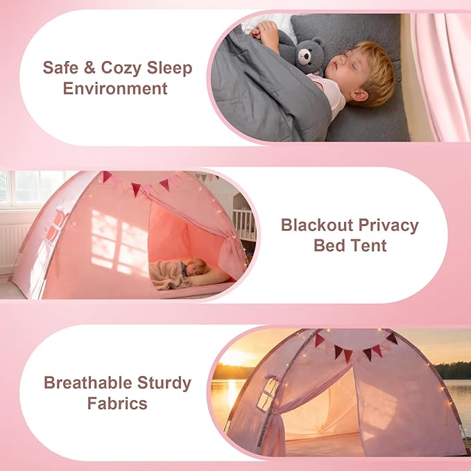Twin Bed Tent Canopy, Indoor Blackout Privacy Toddler Bed Tent for Kids with Light, Portable Sleeping Floor Kids Playhouse (Pink, Twin Size)