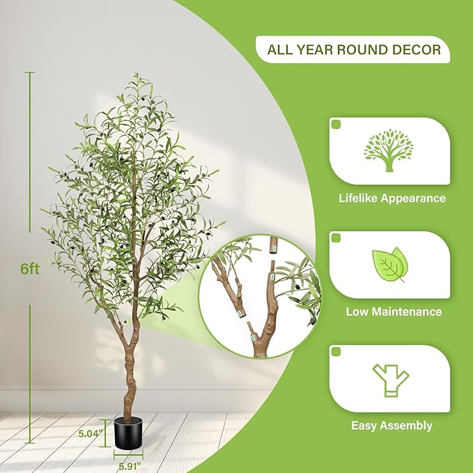 FEELEAD 6FT Faux Olive Tree, Large Olive Trees Artificial Indoor with Natural Wood Trunk & Lifelike Leaves, Tall Artificial Olive Tree with Pot for Home Office Living Room Decor