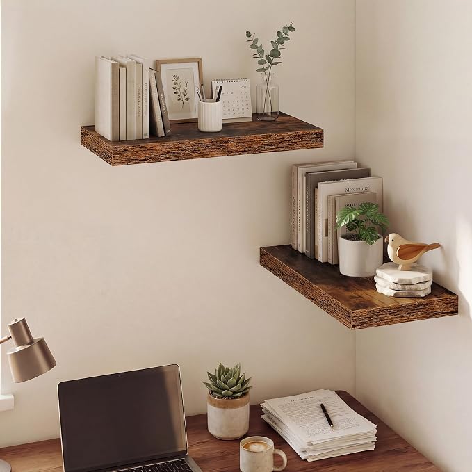 Dreamland 20 Inches Floating Shelves for Wall,9.3" Deep Long Floating Shelves Set of 2,Large Display & Storage Shelf,Wall Shelf for Bathroom Bedroom Living Room Kitchen Office,Rustic Brown