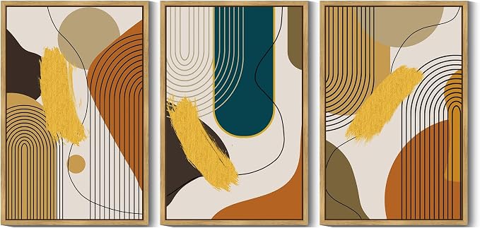 PHOPAGO Boho Abstract Framed Wall Art Large 24x36in Mid-Century Modern Bohemain Minimalist Luxury Gold Line Artwork Hallway Bedroom Decor - Natural Framed