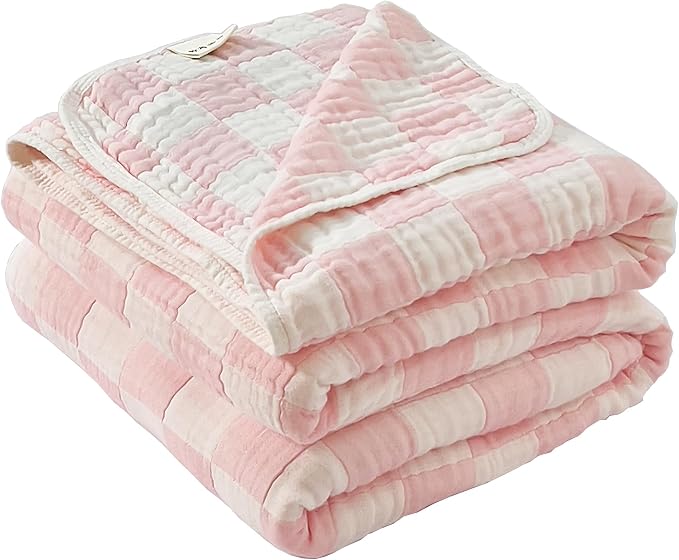 NIDITW Checkerboard Cotton Muslin Throw Blanket for Couch 6-Layer Checkered Gauze Blanket Soft Breathable All Season for Couch Bed Sofa (Pink, Throw)