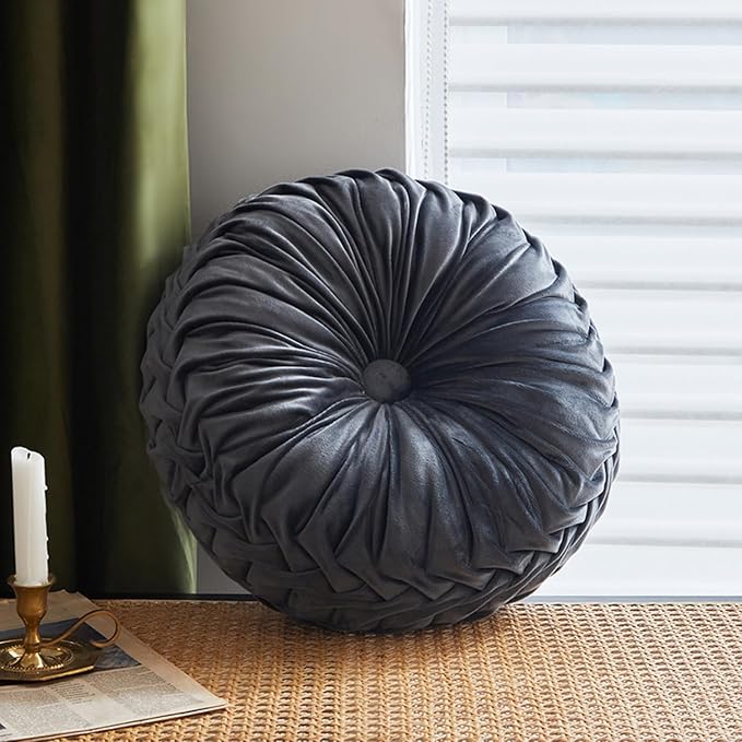 Greenjin 15" Round Pillow for Couch, Circle Velvet Pleated Throw Pillow,Decorative Round Floor Cushion,Pumpkin Chair Cushion for Bed Chair Car Sofa Home Decor Dark Grey