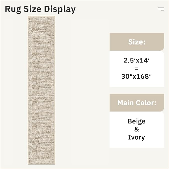 Soalmost Runner Rug 2'6" x 14' Washable Non-Slip Runner Rugs for Kitchen Bathroom Laundry Room Vintage Ultra Thin Runners for Hallway Entryway Brown