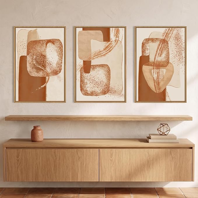 Large Neutral Abstract Orange Framed Canvas Wall Art Set,Modern Minimalist Block Wall Decor,Boho Beige Brown Geometric Artwork for Living Room,Bedroom,Dining Room,Office-24 x36 x3