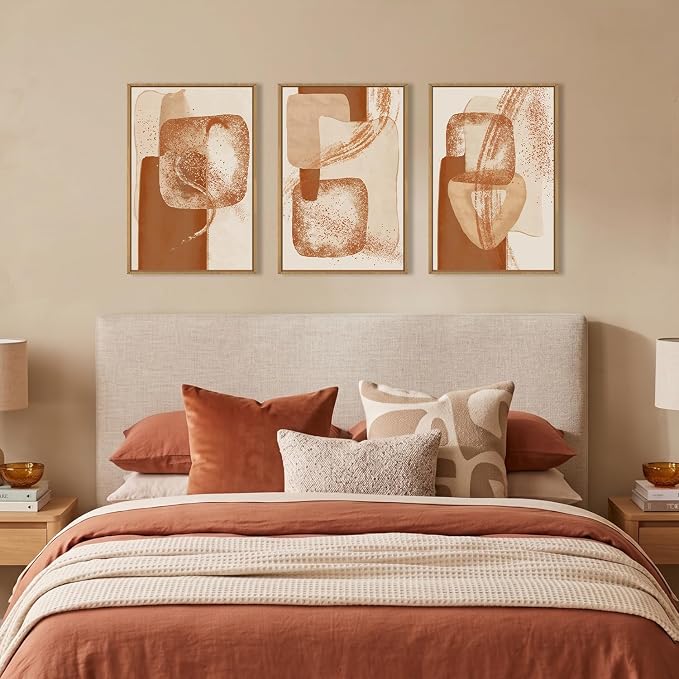 Large Neutral Abstract Orange Framed Canvas Wall Art Set,Modern Minimalist Block Wall Decor,Boho Beige Brown Geometric Artwork for Living Room,Bedroom,Dining Room,Office-24 x36 x3