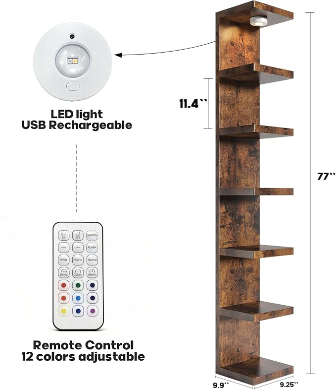 7-Tier Wall Shelf Unit with USB Rechargeable Led Light (Remote Controlled),Versatile Floating Display Shelves,Lack Style Wall Shelves for Bedroom,Living Room,Office Decor,Vanity-Rustic Brown