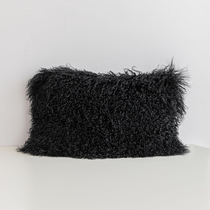 MOOX Mongolian Lamb Fur Pillow Covers Lumbar Throw Sheepskin Pillow Case Genuine Wool Fur Tibetan Accent Living Room Bedroom Decorative Cushion Cover (12 * 20inch Black)