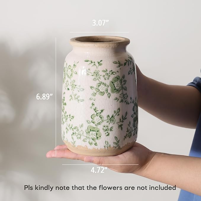 Ronasip Vintage Blue and White Chinoiserie Ceramic Vase, 6.9” Hand-Painted Peony Floral Design, Antique Style Vases for Home Decor, Centerpieces, Living Room, Balcony (Green and White)