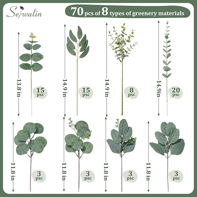 Serwalin 70 Pcs 8 Kinds Mixed Eucalyptus Stems Bulk,Artificial Greenery Silver Dollar Eucalyptus Leaves Picks for Centerpieces Vase DIY Bouquet Arrangement Home Decor