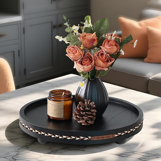 Farmhouse Decorative Round Tray, 11.81 Inch, Versatile Centerpiece Tray for Coffee Table Kitchen Living Room Bathroom, Home Decor Accent Black with Stripes