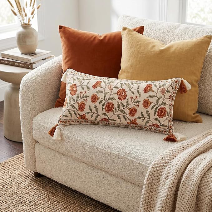 ISAENNE French Linen Rectangle Throw Pillow Cover,Set of 2,28"x12"-Albano A | Designer Vintage Pillow Cover,Concealed Zipper Design,Orange Floral Pattern,Sofa,Bedroom,Living Room,Lounge Chairs