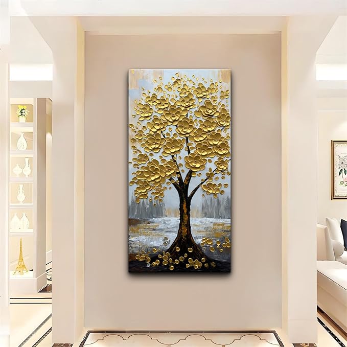 zoinart 3D Modern Oil Paintings, Gold Fortune Tree Painting, Abstract Vertical Canvas Wall Art, Floral Wall Painting for Dining Room Hallway Living Room Wall Decor 48x24 Inches