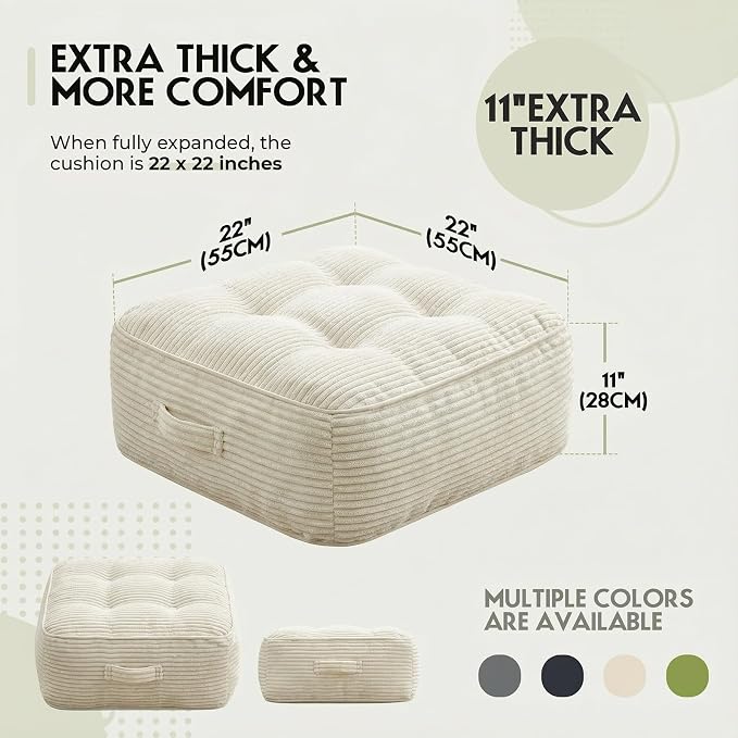 11" Thick Washable Floor Pillow for Adults, Yoga & Meditation Cushion with Handle, Square Large Pillows Seating with Removable Tufted Corduroy Cover for Tatami Living Room Board Games, Cream