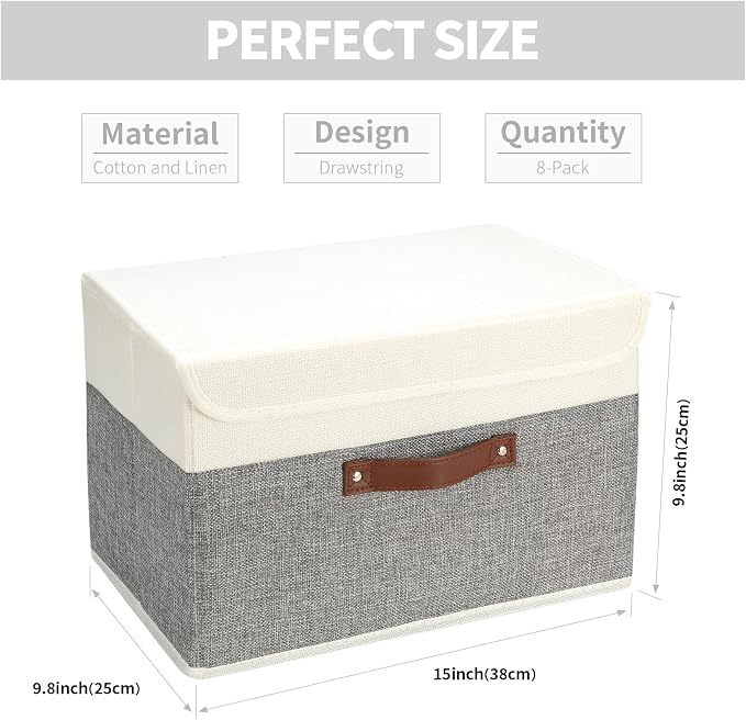 SAMORADREA 8 Pack Storage Bins Foldable Storage Boxes Fabric Storage Box with Lid & Handle Large Washable Organizer Bulk for Office, Home, Books, Clothes, Bedroom, Closet, (15INx10INx10IN White/Grey)