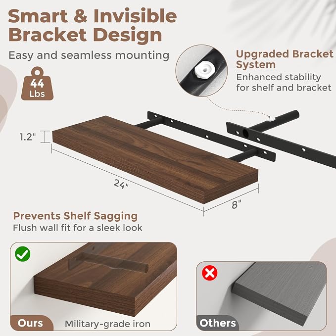 24 Inch Floating Shelves for Wall with Invisible Brackets Set of 2, 8"D Engineered Wood Wall Shelves with Wood Grain for Living Room, Bedroom, Bathroom, Kitchen Decor and Storage, Walnut Finish