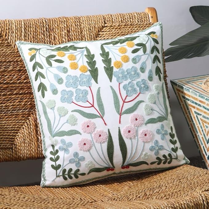 Pack of 2 Embroidered Decorative Throw Pillow Cover 18x18 Inch Farmhouse Floral Pillowcase for Living Room Sofa Bed (Blue Floral)