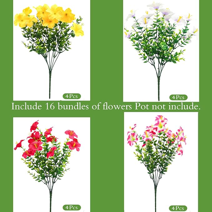 Artificial Flowers for Outdoors Fake Plants Outside, 16 Bundles Silk Morning Glory with Eucalyptus, UV Resistant Realistic Faux Flowers for Planters Porch Patio Garden Balcony Decor (4 Color)