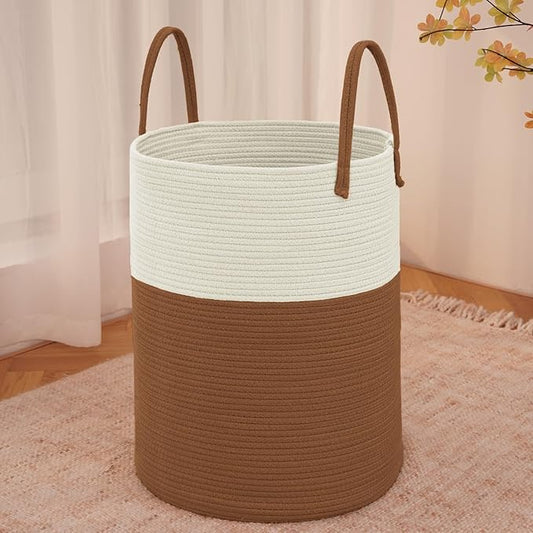 JMvicyroam Large Woven Laundry Basket Hamper,100L Cotton Rope Storage Bin for Blankets,Toys and Clothes,Decorative Tall Nursery Hamper for Living Room,Baby Nursery,Bathroom and Bedroom,White and Brown